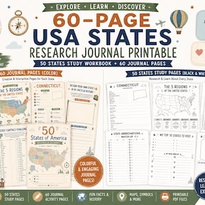 May include: A 60-page USA states research journal printable featuring study workbooks and activity pages. The set includes color and black and white sheets with maps, state capitals challenges, and history facts for all 50 states of America.