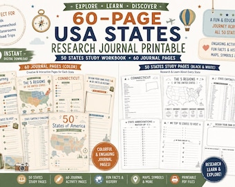 USA 50 States and State Capitals,50 States of USA Research Journal,50 usa study sheets,Geography Worksheets,Homeschool Geography Unit PDF