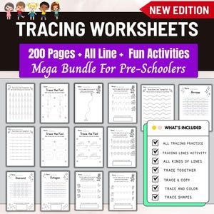 May include: A collection of tracing worksheets for pre-schoolers. The image shows a variety of pages with tracing activities, including lines, shapes, and fun illustrations. The worksheets are designed to help children develop fine motor skills and handwriting. The text reads "200 Pages + All Line + Fun Activities".