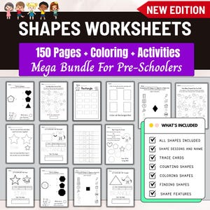 May include: A collection of preschool shapes worksheets. The cover features the text "Shapes Worksheets" and "Mega Bundle For Pre-Schoolers". The worksheets include coloring, tracing, and shape identification activities. The bundle includes 150 pages of activities.