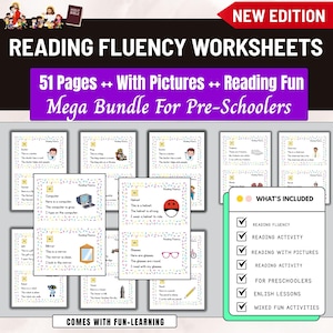 May include: A set of reading fluency worksheets for pre-school children, featuring colourful illustrations and simple sentences. The image includes the text "Reading Fluency Worksheets" and "Mega Bundle For Pre-Schoolers". The bundle includes reading activities and fun learning.
