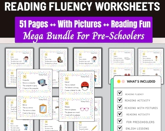 51 Pages Reading Fluency Worksheets for Preschool & Kindergarten Printable Early Literacy PDF,Sight Words Phonics Practice,english reading