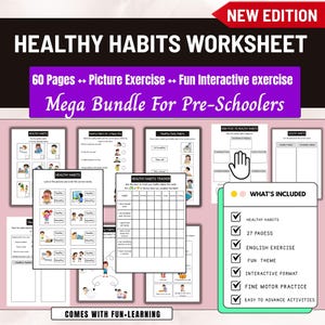May include: A "Healthy Habits Worksheet" bundle for pre-schoolers. The worksheets include picture exercises, a healthy habits tracker, and interactive activities. The bundle includes 60 pages with a fun theme and is designed for fine motor practice.