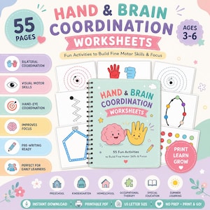Puede incluir: Un cuaderno de ejercicios con espiral titulado Hand & Brain Coordination Worksheets con 55 p&aacute;ginas para edades de 3 a 6 a&ntilde;os. La portada muestra un cerebro y una mano ilustrados, rodeados de hojas de actividades con trazos y formas.