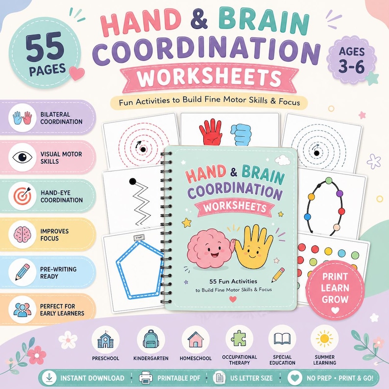 Puede incluir: Un cuaderno de ejercicios con espiral titulado Hand & Brain Coordination Worksheets con 55 p&aacute;ginas para edades de 3 a 6 a&ntilde;os. La portada muestra un cerebro y una mano ilustrados, rodeados de hojas de actividades con trazos y formas.