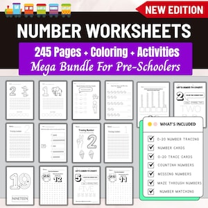 0-20 Number Worksheets,Printable Toddler Worksheet,Kindergarten Learning Bundle,Busy Book,Numbers,Trace,Couting,Math Activities,Prek Toddler