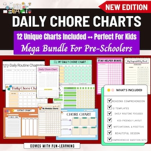 Op de afbeelding: Een verzameling kleurrijke takenkaarten voor kinderen, met verschillende ontwerpen en lay-outs. De kaarten bevatten secties voor dagelijkse routines, taken en beloningen, met de tekst "DAILY CHORE CHARTS" en "Mega Bundle For Pre-Schoolers".