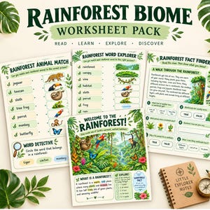 Könnte beinhalten: Ein Rainforest Biome Arbeitsblatt-Paket mit pädagogischen Seiten wie Rainforest Animal Match, Rainforest Word Explorer, Rainforest Fact Finder und Welcome to the Rainforest. Die Seiten enthalten Illustrationen von Tieren, Pflanzen und Text.