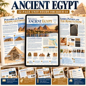 May include: A 22-page unit study on Ancient Egypt featuring a tablet displaying a welcome page with pyramids, alongside printed pages detailing pyramids, tombs, scribes, papyrus, and the Rosetta Stone with historical text, maps, and illustrations.
