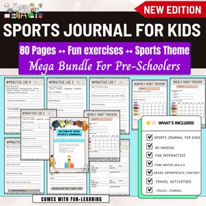 Puede incluir: Un diario deportivo para niños con fondo blanco, con una pancarta morada con texto. El diario incluye 80 páginas de ejercicios divertidos y un tema deportivo. La imagen también muestra una lista de lo que está incluido.