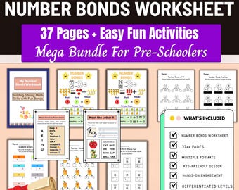 Number Bonds Worksheets Printable,Math Worksheets for Kids,Number Bonds to 20,Kindergarten & Preschool Math Activities PDF,Prek Number bonds