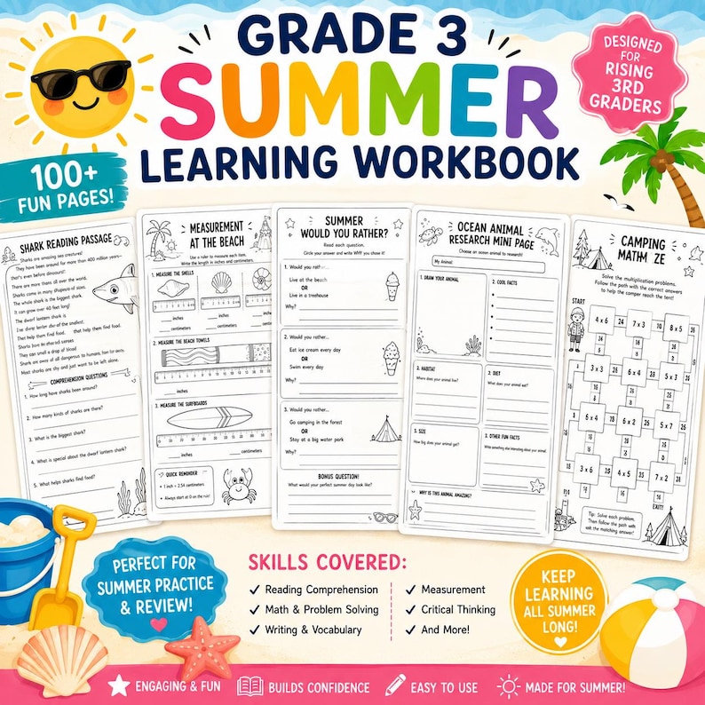 Peut inclure: Cahier d'exercices d'&eacute;t&eacute; pour les &eacute;l&egrave;ves de 3e ann&eacute;e, avec plus de 100 pages amusantes. La couverture pr&eacute;sente un soleil souriant portant des lunettes de soleil. &Agrave; l'int&eacute;rieur, des pages pour la compr&eacute;hension de la lecture, les math&eacute;matiques et l'&eacute;criture.