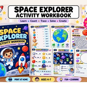 May include: A Space Explorer Activity Workbook for ages 4-7 featuring 35 pages of space-themed educational content. The cover displays an astronaut, a rocket, and planets. Included are worksheets for solar system facts, mazes, word puzzles, and planet creation.