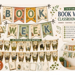 Peut inclure: Un ensemble de décoration de classe imprimable en PDF pour la semaine du livre, comprenant une bannière BOOK WEEK, 20 fanions avec des titres de livres pour enfants, des pages décoratives et des bordures illustrées de livres et de feuillage.