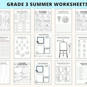 Peut inclure: Une collection de feuilles de travail d'&eacute;t&eacute; de 3e ann&eacute;e en noir et blanc. Les feuilles de travail couvrent divers sujets, notamment les math&eacute;matiques, l'&eacute;criture et l'art. Le texte "GRADE 3 SUMMER WORKSHEETS" est en haut.
