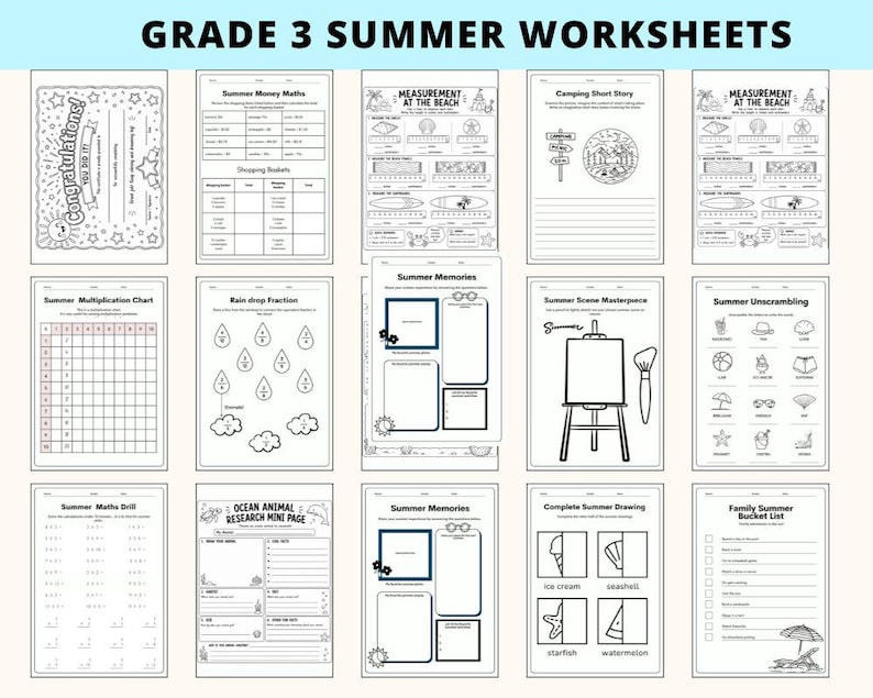 Peut inclure: Une collection de feuilles de travail d'&eacute;t&eacute; de 3e ann&eacute;e en noir et blanc. Les feuilles de travail couvrent divers sujets, notamment les math&eacute;matiques, l'&eacute;criture et l'art. Le texte "GRADE 3 SUMMER WORKSHEETS" est en haut.