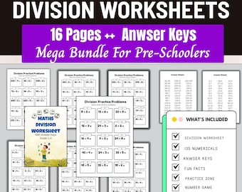 Hojas de trabajo de división imprimibles, matemáticas de 1.º a 4.º grado, hoja de respuestas, ejercicios de división con página de respuestas, hojas de trabajo de matemáticas imprimibles, recursos educativos
