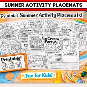 3 zomeractiviteiten placemats voor kinderen afdrukbaar, strandijs zwembadspellen, kleurplaten, afdrukbare zomerbladen, direct downloaden