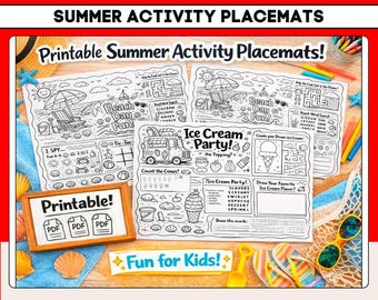 3 Tovagliette con attività estive stampabili per bambini: spiaggia, gelato, giochi in piscina, pagine da colorare, fogli estivi stampabili, download immediato.