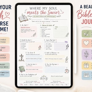 Könnte beinhalten: Ein digitales Tablet zeigt eine Seite eines Bibelstudien-Journals mit dem Titel Where My Soul Meets the Savior, die neun Abschnitte für tägliche Schriftmeditation, Gebet und Reflexion enthält, mit einem Eingabestift auf der rechten Seite.
