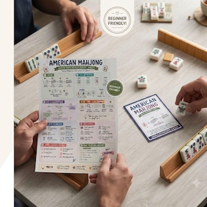 May include: An American Mahjong quick reference cheat sheet printed on paper, featuring game rules, setup instructions, and scoring guides. The sheet is held over a game board with wooden tile racks, scattered Mahjong tiles, and a small card.