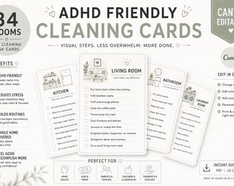 ADHD Cleaning Cards | Room-by-Room Checklists, Home Organization (PDF Digital Download)