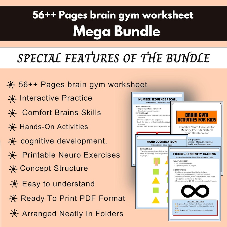 brain gym kids, brain gym pdf, neuro exercises, memory games, focus activities, thinking games, brain worksheets, bilateral brain, brain breaks, homeschool pdf,