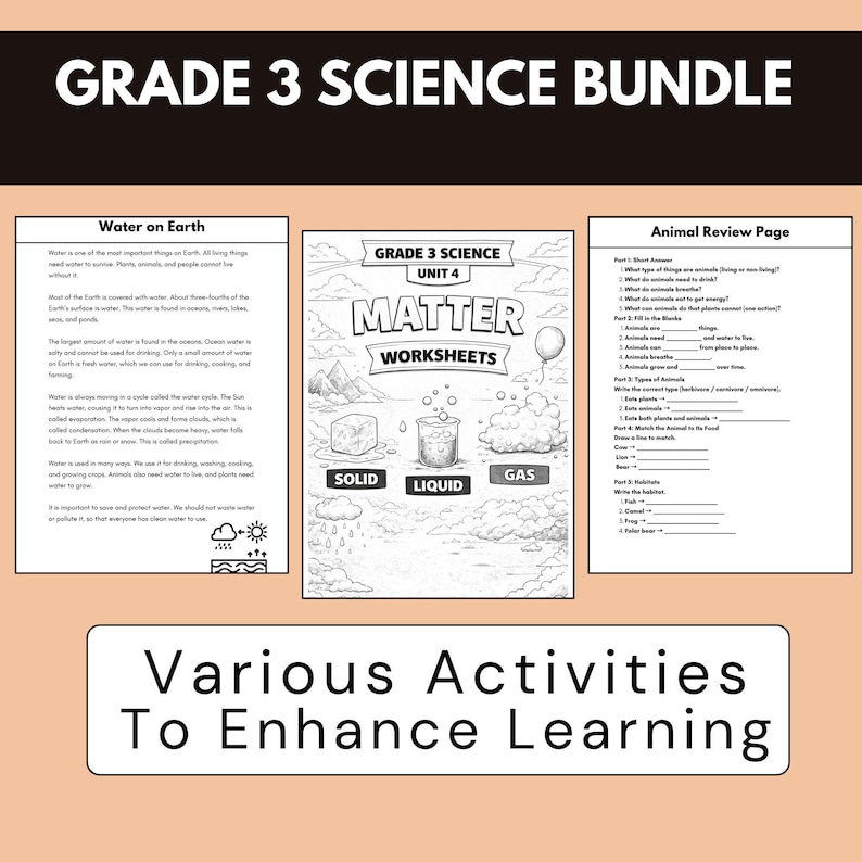 science activity sheets, printable homeschool resources, science worksheets pdf, kids learning printables, classroom science worksheets, primary science activities, science revision worksheets, science learning bundle