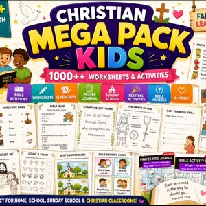 May include: A Christian Mega Pack Kids digital collection featuring over 1000 pages of faith-based worksheets and activities. The set includes Bible word searches, mazes, quizzes, scripture copywork, prayer journals, and flashcards for children.