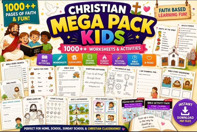 May include: A Christian Mega Pack Kids digital collection featuring over 1000 pages of faith-based worksheets and activities. The set includes Bible word searches, mazes, quizzes, scripture copywork, prayer journals, and flashcards for children.