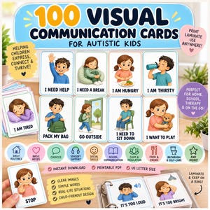 May include: A set of 100 visual communication cards for autistic kids featuring illustrations of children in various daily situations. The cards include text labels like I Need Help, I Am Hungry, and Stop, with icons for daily routines and needs.