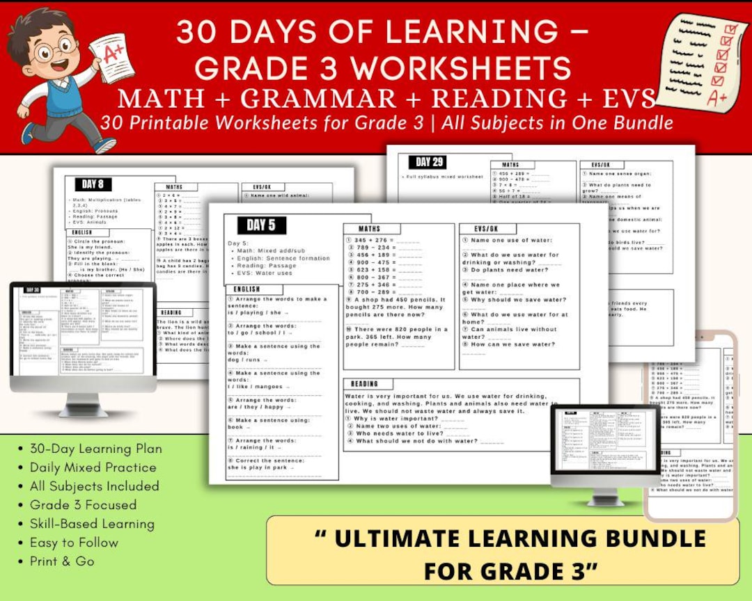 Grade 3 Worksheets Bundle | 30 Days Daily Review | Math, English