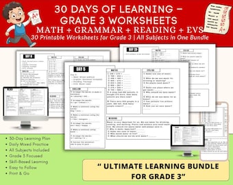 Lot de feuilles de calcul pour la 3e année | Bilan quotidien de 30 jours | Mathématiques, anglais, lecture et pratique du SVE | Cahier d'exercices imprimable