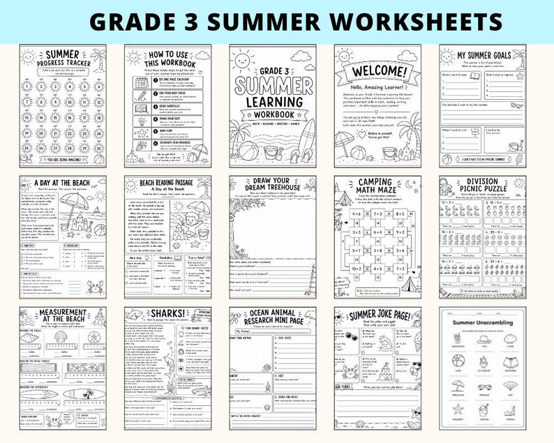 Peut inclure: Une collection de feuilles de travail d'&eacute;t&eacute; de 3e ann&eacute;e en noir et blanc. Les feuilles de travail comprennent un suivi des progr&egrave;s estivaux, un guide de cahier d'exercices et diverses activit&eacute;s d'apprentissage. Les feuilles de travail pr&eacute;sentent des illustrations et du texte sur le th&egrave;me de l'&eacute;t&eacute;.