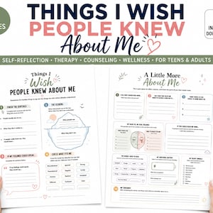 May include: Two printable worksheets titled Things I Wish People Knew About Me and A Little More About Me. The pages feature prompts, checklists, and an iceberg diagram for self-reflection, using black text on white paper with soft pastel accents.