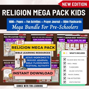 religious mega pack for kids, bible activities for kids, christian worksheets for kids, kids prayer journal, christian flashcards, sunday school activities, bible festival activities, religious activity bundle,
