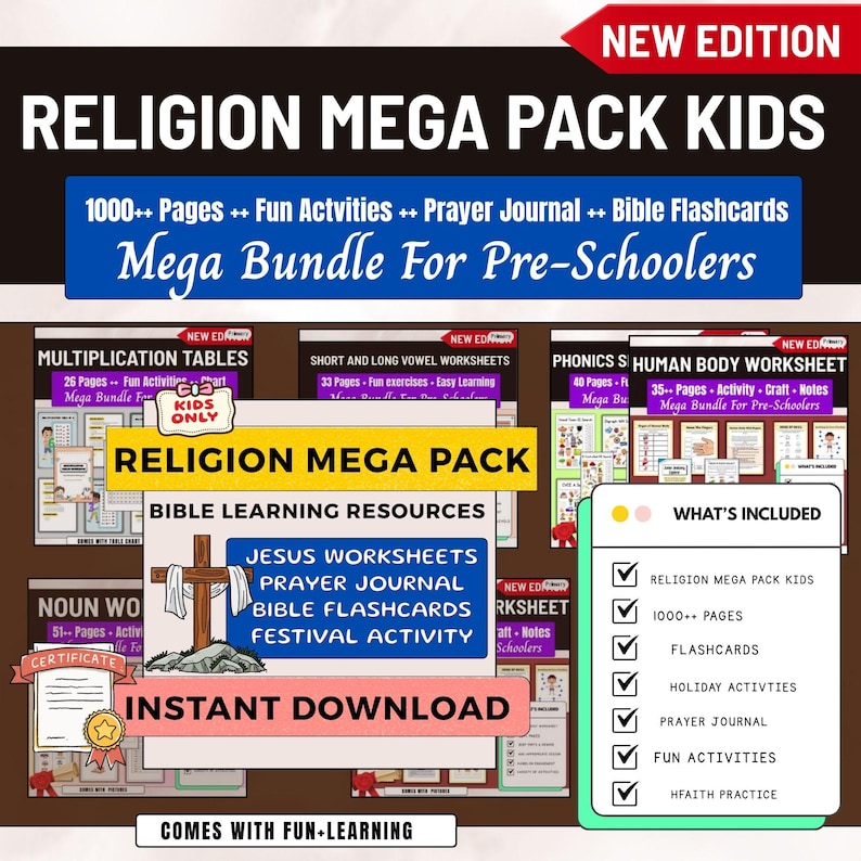 religious mega pack for kids, bible activities for kids, christian worksheets for kids, kids prayer journal, christian flashcards, sunday school activities, bible festival activities, religious activity bundle,