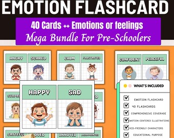 40 Feelings Cards,Kids Feelings.Printable Emotion Flashcards for Kids,Social Learning,Preschool & Toddler Activities,Montessori Education