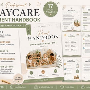 Puede incluir: Una plantilla digital de manual para padres de guardería con 17 páginas editables en tonos neutros. La portada muestra el texto Daycare Parent Handbook, 2026-2027, y una foto de niños jugando con bloques de madera en un aula.