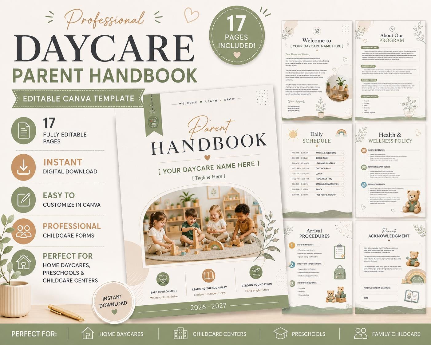 Daycare Parent Handbook Template, 17 Pages Editable Childcare Policies ...