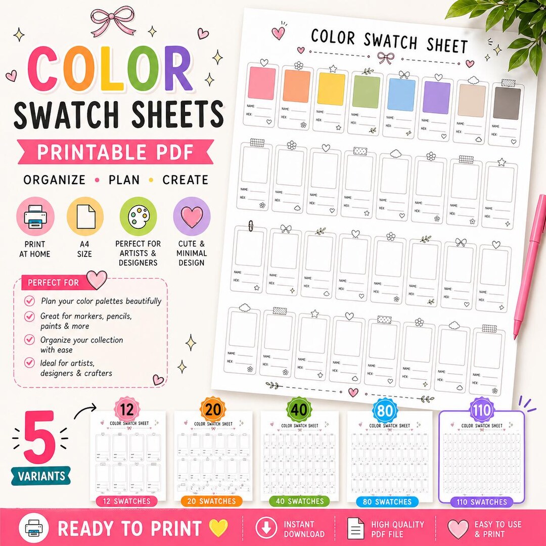 5 Variant Color Swatch Chart Printable,blank Color Swatches Sheet Pdf ...