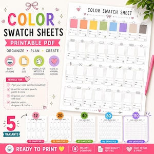 以下が含まれることがあります： カラフルなデザインの「Color Swatch Sheets」というテキストが入った、印刷可能なPDFカラー見本シート。カラーパレットを整理し、計画するためのスペースが含まれています。12、20、40、80、110個の見本がある5つのバリアントで利用できます。