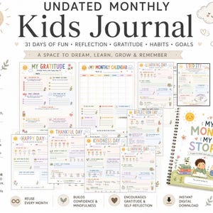 May include: An undated monthly kids journal with 47 pages featuring gratitude, reflection, habits, and goals. The set includes printable activity sheets with colourful illustrations of suns, clouds, and rainbows, plus a spiral-bound cover titled My Month My Story.