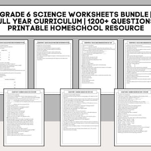 K&ouml;nnte beinhalten: Ein B&uuml;ndel von Arbeitsbl&auml;ttern f&uuml;r Naturwissenschaften der 6. Klasse. Der Titel lautet: Grade 6 Science Worksheets Bundle | Full Year Curriculum | 1200+ Questions | Printable Homeschool Resource. Die Arbeitsbl&auml;tter behandeln verschiedene naturwissenschaftliche Themen.