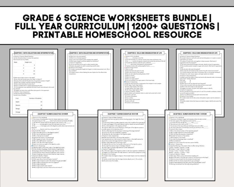 K&ouml;nnte beinhalten: Ein B&uuml;ndel von Arbeitsbl&auml;ttern f&uuml;r Naturwissenschaften der 6. Klasse. Der Titel lautet: Grade 6 Science Worksheets Bundle | Full Year Curriculum | 1200+ Questions | Printable Homeschool Resource. Die Arbeitsbl&auml;tter behandeln verschiedene naturwissenschaftliche Themen.