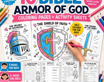 10 Christian Printable Kids Armor of God Coloring Page Bundle for Boys Girls,Sunday School Activity Pack,Christian Homeschool,Faith Activity