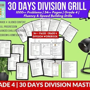 May include: A collection of educational materials for Grade 4 division, including a workbook with over 34 pages, and drills. The image features a calculator, a pencil, and a black desk lamp. Text includes "30 DAYS DIVISION GRILL" and "GRADE 4 | 30 DAYS DIVISION MASTERY."