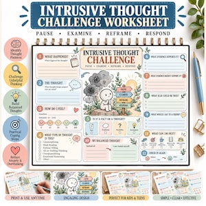 May include: A spiral-bound Intrusive Thought Challenge worksheet featuring twelve numbered sections with prompts, checkboxes, and a central illustration of a character sitting near a signpost. The page includes text, icons, and color-coded areas for tracking thoughts, emotions, and balanced perspectives.