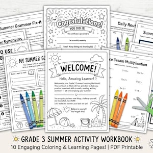 Peut inclure: Un cahier d'activit&eacute;s d'&eacute;t&eacute; de 3e ann&eacute;e avec 10 pages de coloriage et d'apprentissage. Les pages comprennent des activit&eacute;s sur le th&egrave;me de l'&eacute;t&eacute;, telles que la grammaire, les synonymes et la multiplication. Le cahier comprend &eacute;galement un certificat et une page de bienvenue.