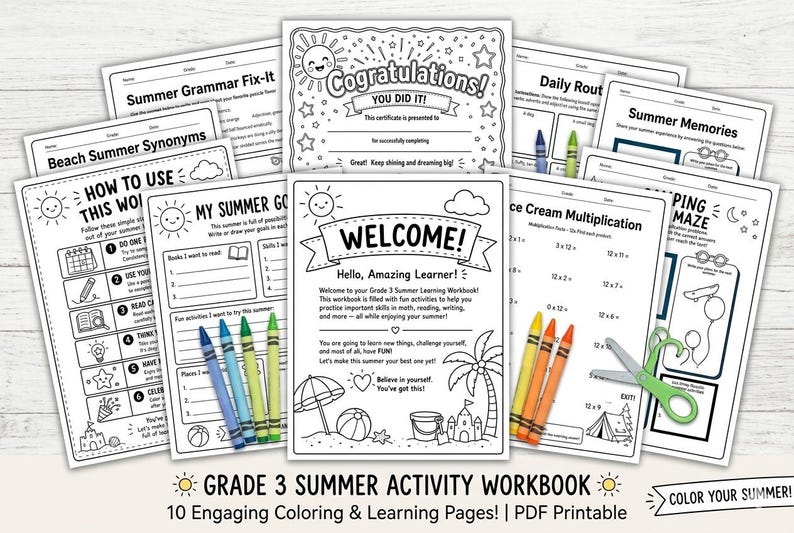 Peut inclure: Un cahier d'activit&eacute;s d'&eacute;t&eacute; de 3e ann&eacute;e avec 10 pages de coloriage et d'apprentissage. Les pages comprennent des activit&eacute;s sur le th&egrave;me de l'&eacute;t&eacute;, telles que la grammaire, les synonymes et la multiplication. Le cahier comprend &eacute;galement un certificat et une page de bienvenue.